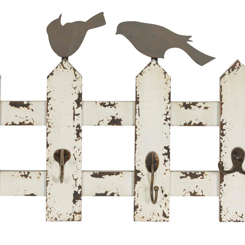 Cream Weathered Wood and Metal Bird Wall Hook Rack
