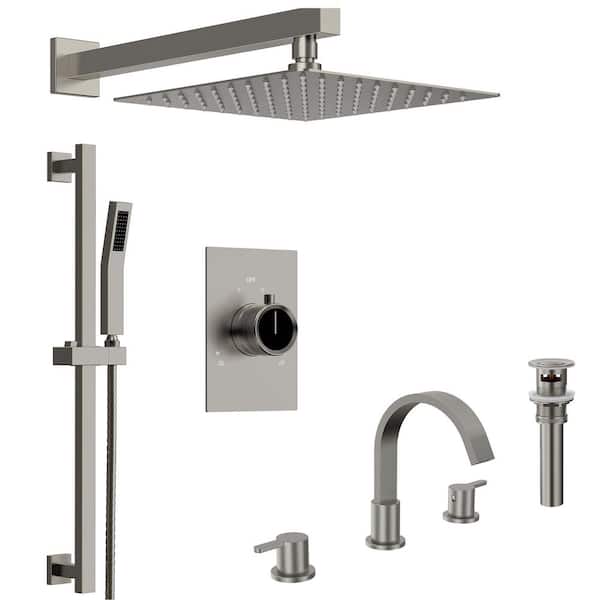 2-Spray 10 in. Wall Mount Shower Faucet with 8 in. Widespread Double Handle Bathroom Sink Faucet in Brushed Nickel