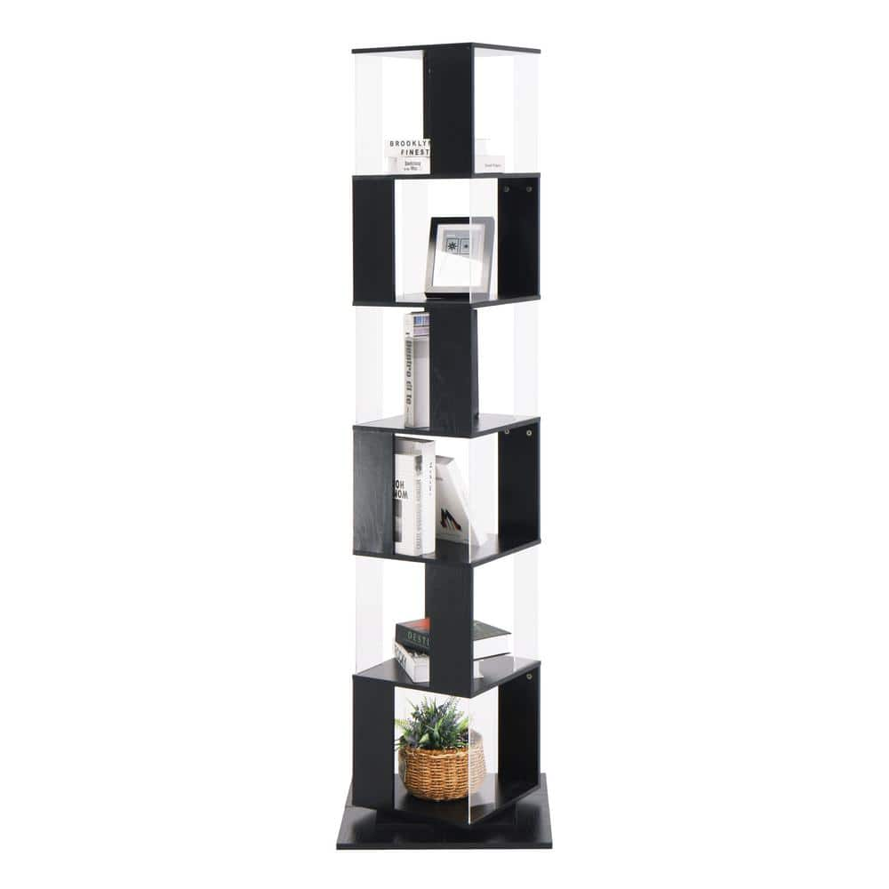 FUNKOL 6-Shelf Black Minimalist Particleboard Rotating Bookshelf 19.68 ...