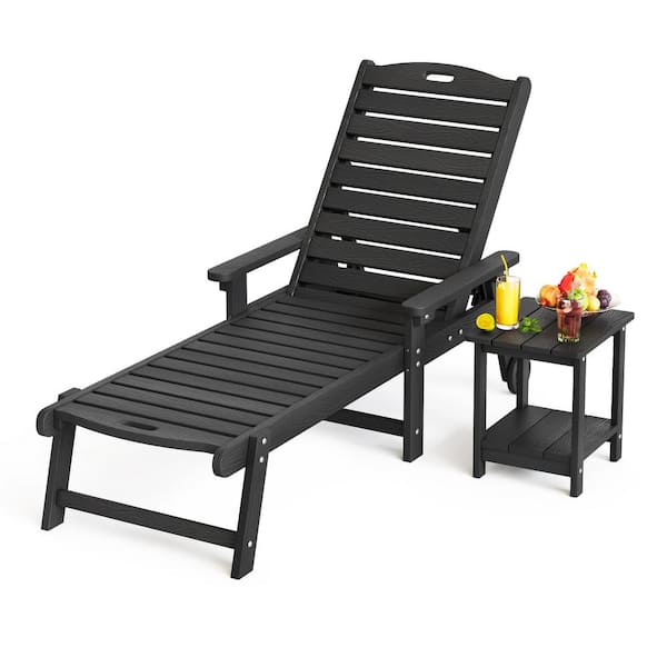 Hellen Keller Black 2-Piece HDPS Plastic Adjustable Outdoor Patio Reclining Chaise Lounge Chair Set with Side Table