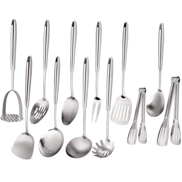 12Pcs 304 Stainless Steel Cooking Utensils Set, Long Large Metal Cooking Utensil Tools Set, Dishwasher Safe
