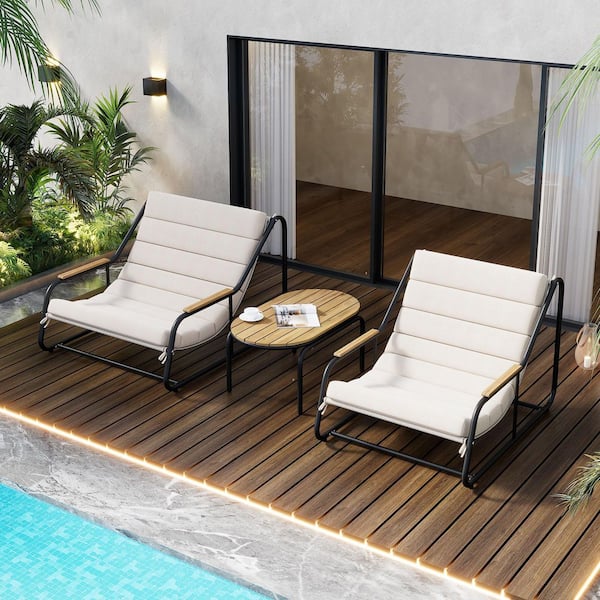 Avex Black 3-Pieces Outdoor Chaise Lounge Chairs Set with Beige Cushions