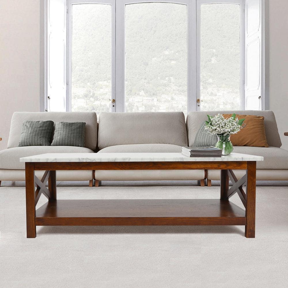Agatha 44" Rectangular White Marble Coffee Table with Walnut Wood Legs
