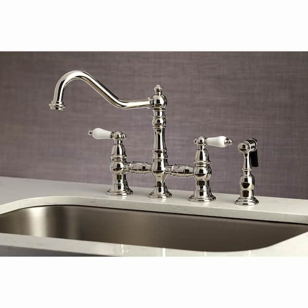 Restoration 2-Handle Bridge Kitchen Faucet with Side Sprayer in Polished Nickel