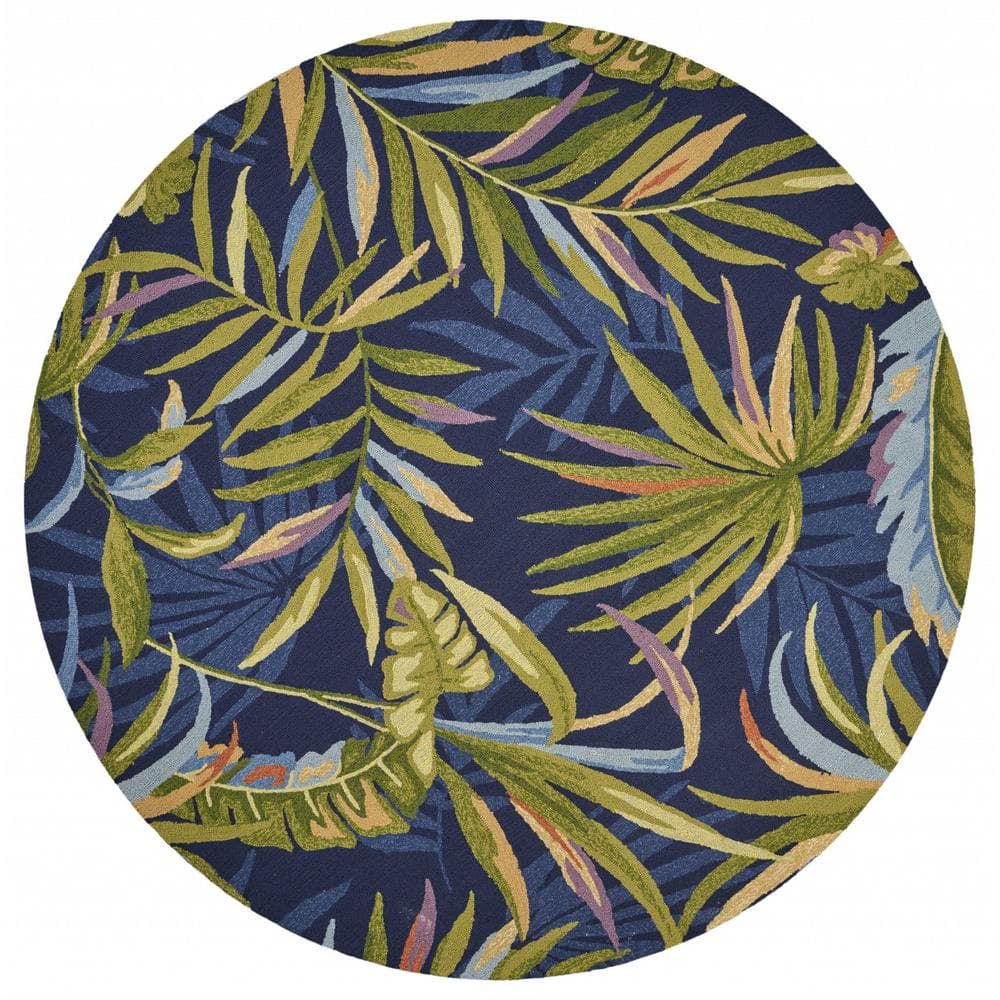 HomeRoots Charlie 7' Round ft. Ink Blue Floral Indoor/Outdoor Area Rug ...