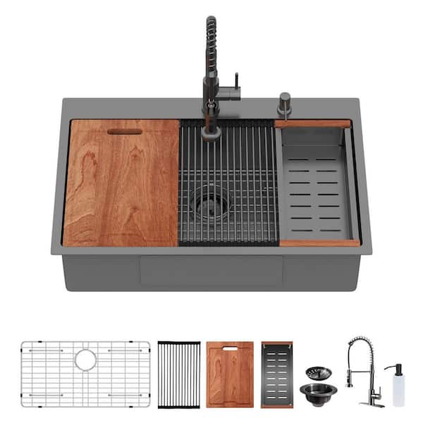 16-Gauge Gunmetal Black Stainless Steel 33 in. Drop-In Bar Sink with Pull-out Faucet and Soap Dispenser