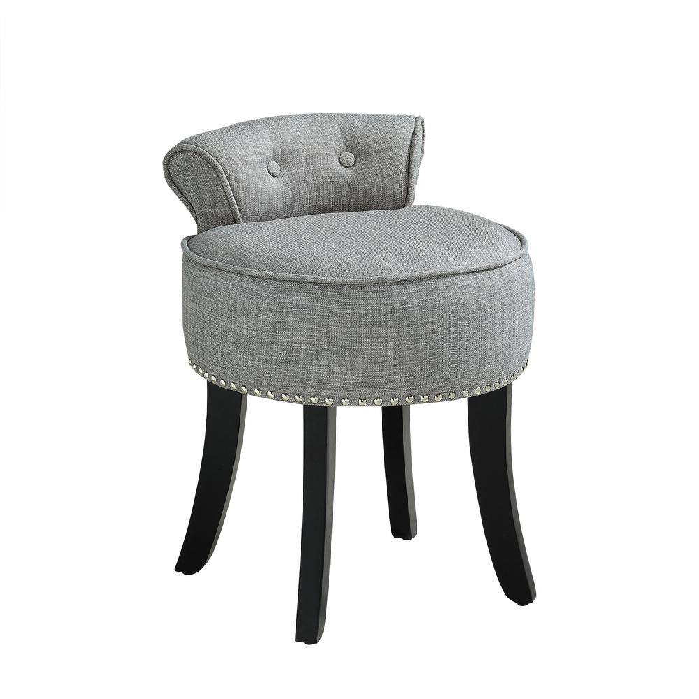 Inspired Home Margot Nailhead Trim Rolled Back Grey Linen Vanity Stool ...
