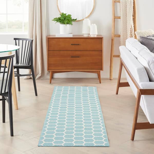Reversible Indoor Outdoor Aqua 2 ft. x 8 ft. Honeycomb Contemporary Runner Area Rug
