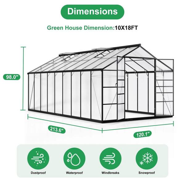 NETAJE 10 ft W x 18 ft D Black Polycarbonate Greenhouse with Quick