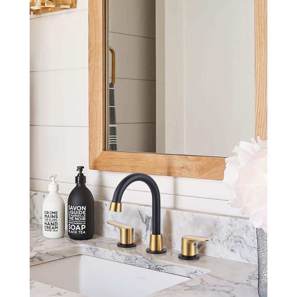Matte Black and Gold Widespread Bathroom Faucet with High Arc Spout