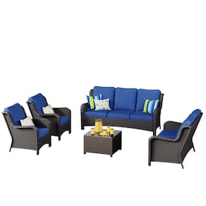 Janus Brown 5-Piece Wicker Patio Conversation Seating Set with Navy Blue Cushions and Coffee Table