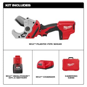 M12 12-Volt Lithium-Ion Cordless PVC Shear Kit with One 1.5 Ah Battery, Charger and Case w/M12 3/8 in. Right Angle Drill