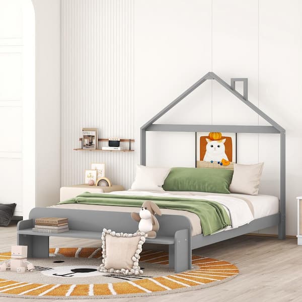 Harper & Bright Designs Gray Wood Frame Full Size House Platform Bed with Footboard Bench, Roof and Chimney Design