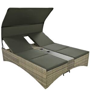 Wicker Outdoor Double Day Bed with Shelter Roof with Adjustable Backrest, Storage Box and 2 Cup Holders, Grey Cushions