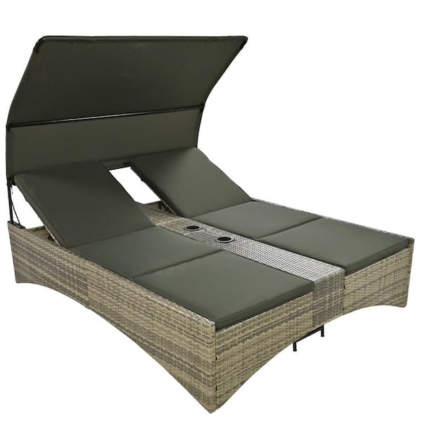 Tatayosi Wicker Outdoor Double Day Bed with Shelter Roof with Adjustable Backrest, Storage Box and 2 Cup Holders, Grey Cushions
