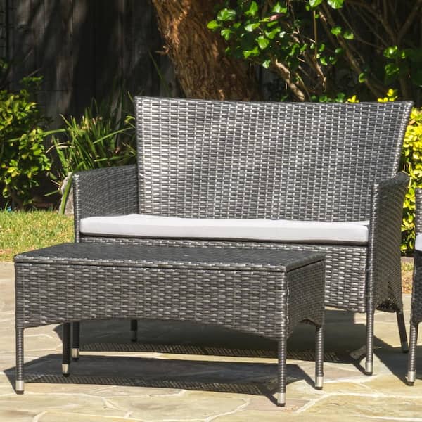 Noble House Malta Gray 2-Piece Faux Rattan Outdoor Patio Conversation Set with Silver Cushions