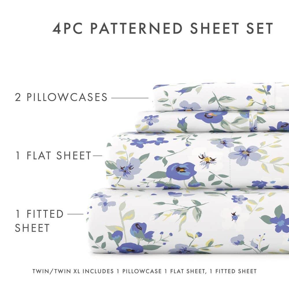 Light Blue Floral Queen Microfiber Bed Sheet Set