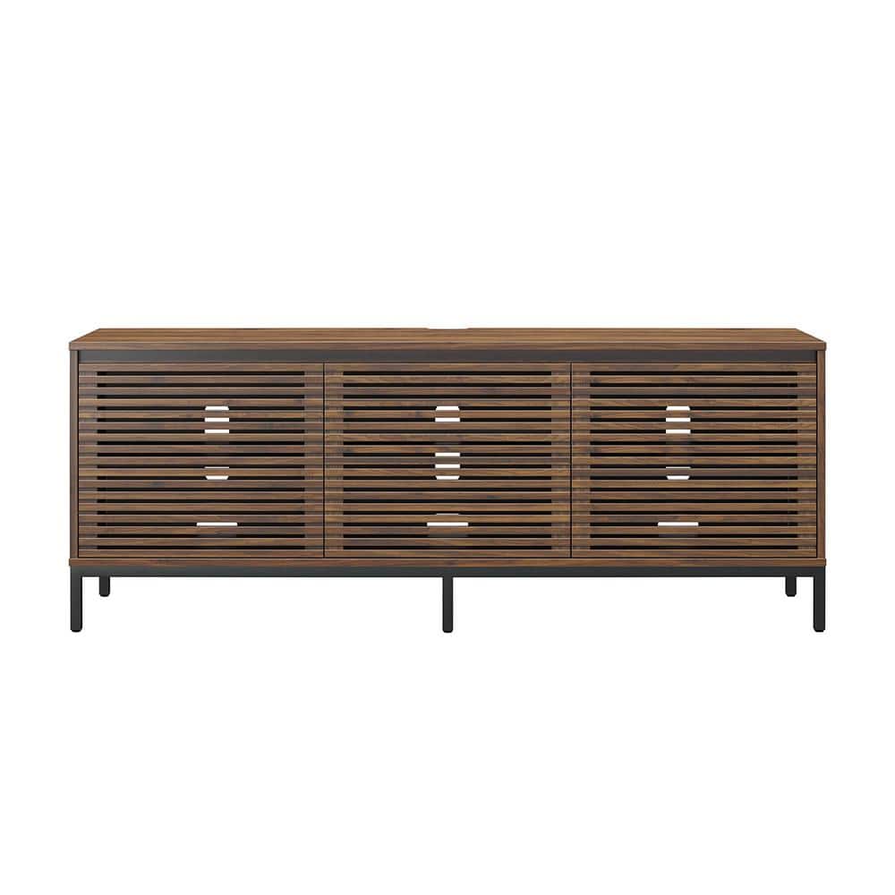 68 in. Media Console with Steel Post Base for TVs up to 77 in., Walnut Wood
