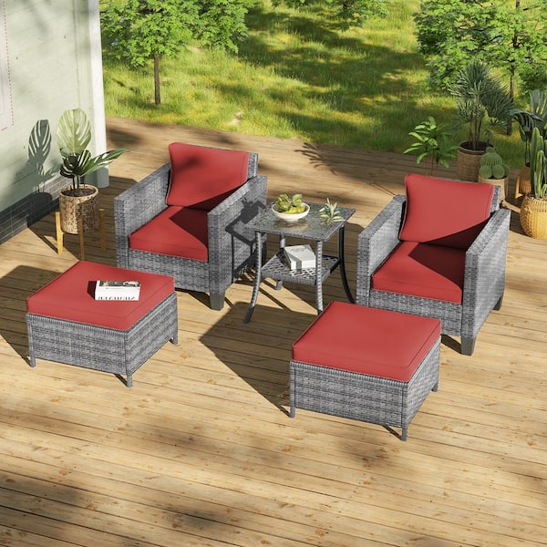 Sonkuki 5-Pieces Patio Conversation Set with Side Table, Outdoor Armchair and Ottomans Gray Wicker with Rust Red Cushions
