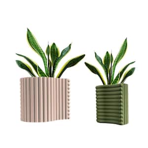 Arlo Modern Bohemian Indoor Tambour Curve Eco-Friendly 3D Printed Planters with Drainage, Sand/Olive (Set of 2)