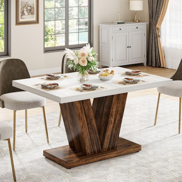 Roesler Modern White and Brown Engineered Wood 47 in. V-Shaped Pedestal Dining Table Seats 4