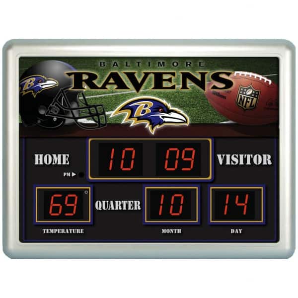 Team Sports America Baltimore Ravens 14 in. x 19 in. Scoreboard Clock with Temperature