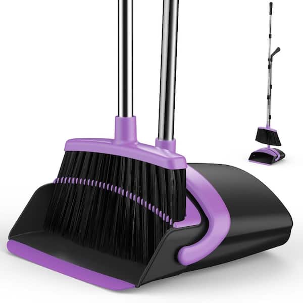 Broom and Dustpan Set, 51-in Long Adjustable Handle Angle Broom and Dustpan Combo Set with Dust Pan Teeth, Black Purple