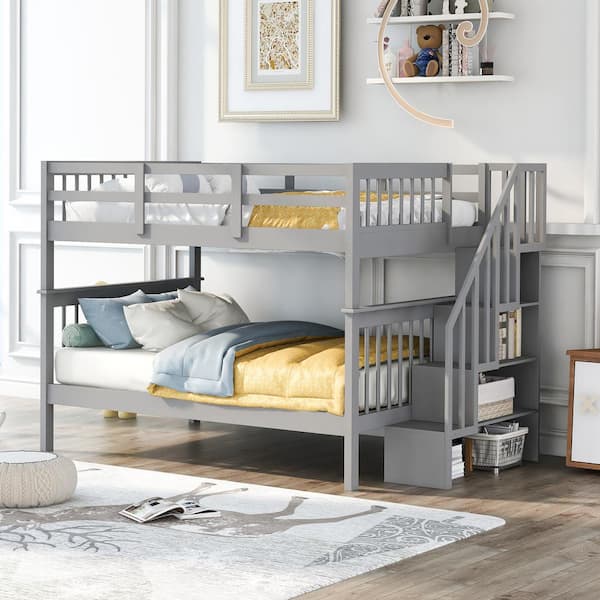 Qualler Gray Stairway Full-over-Full Size Bunk Bed with Storage and Guardrail