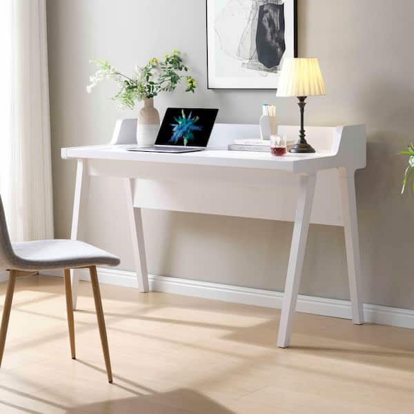 Edith 50.0 in. Rectangle White Wood Writing Desk For Home Office with Ground Outlet USB-A Ports