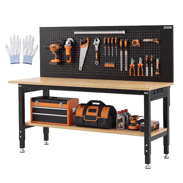 60" Adjustable Rubberwood Workbench, 2000 lbs Heavy Duty Work Table on Pegboard, Storage Shelf