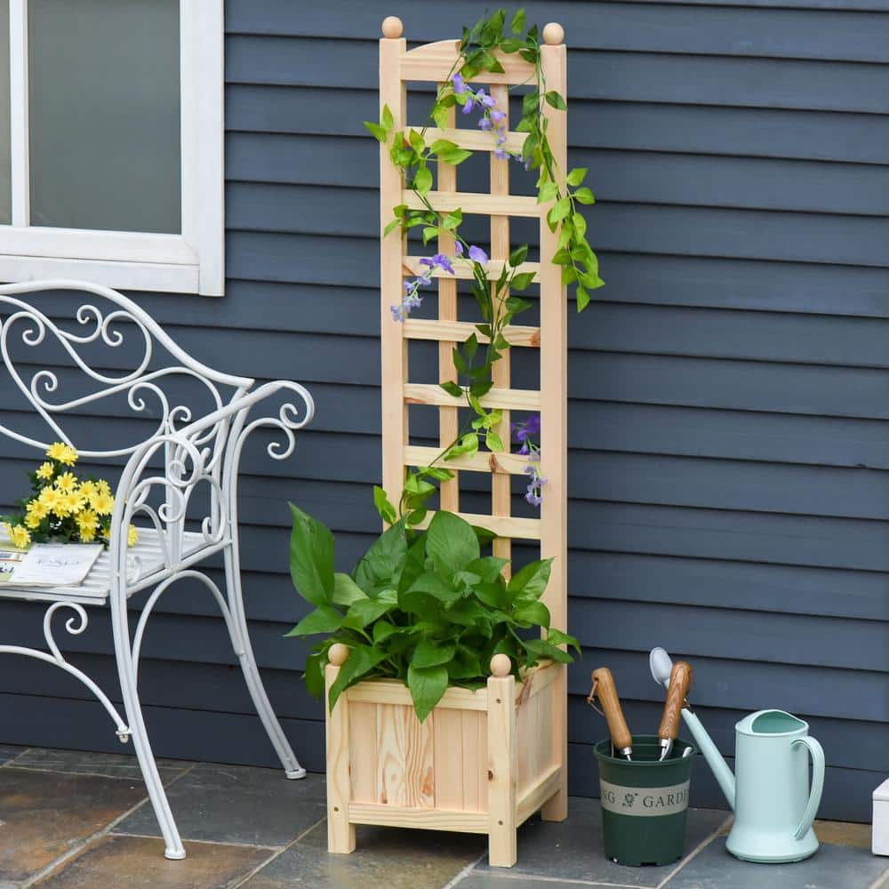 Natural Wood Raised Garden Bed with Trellis for Climbing Plants