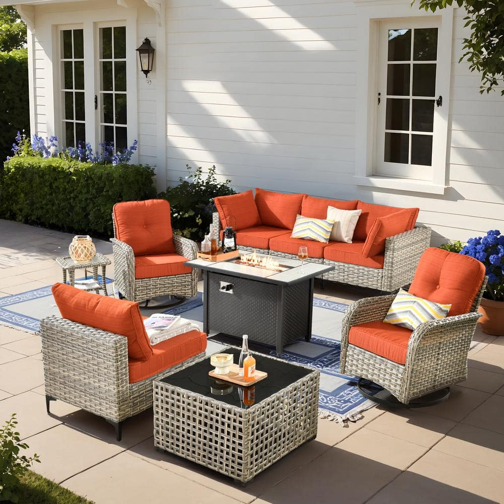 HOOOWOOO Holston 9-Piece Wicker Modern Outdoor Patio Fire Pit Conversation Sofa Set with Swivel Chairs and Orange Red Cushions