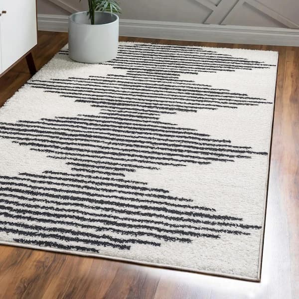 Elm Diamond Stripe Geometric Shag White/Black 8 ft. x 10 ft. Area Rug