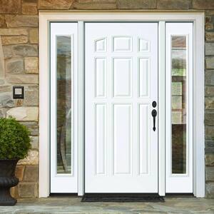 64 in. x 80 in. Element Series 9-Panel Primed White Left-Hand Steel Prehung Front Door w/ 12 in. Clear Glass Sidelites