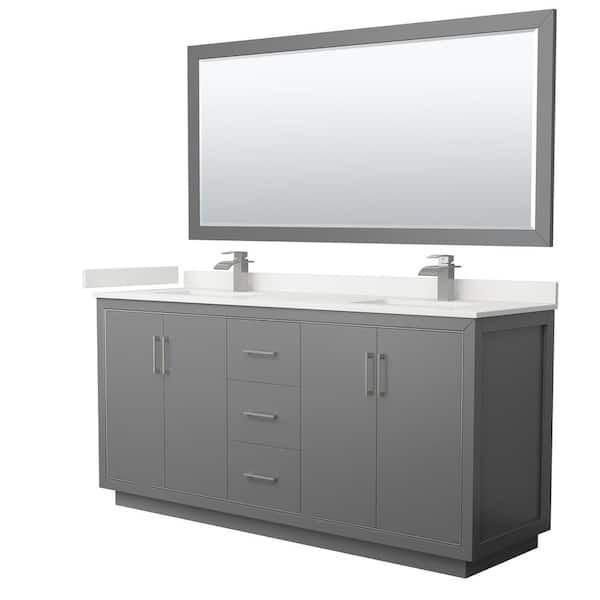 Wyndham Collection Icon 72 in. W x 22 in. D x 35 in. H Double Bath Vanity in Dark Gray with White Quartz Top and 70 in. Mirror