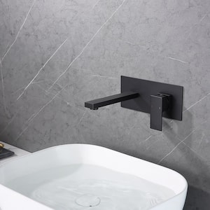 Single Handle Wall Mount Faucet for Bathroom Sink or Bathtub with Plate in Matte Black Brass Rough-in Valve Included