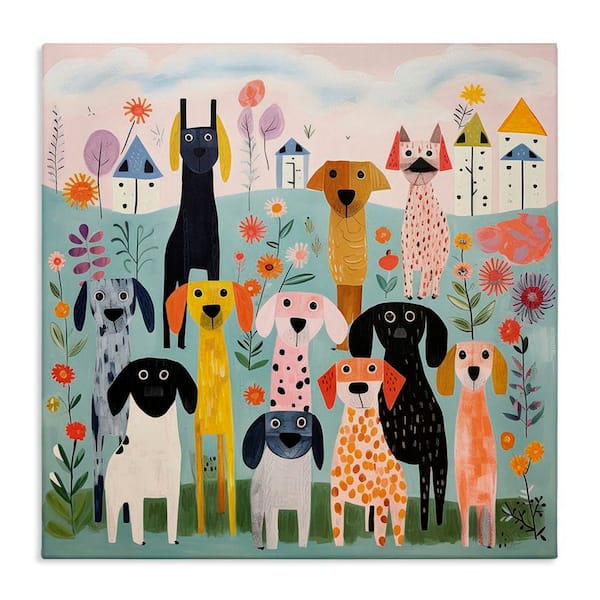 Patterned Dogs in Yard by Lazar Studio Unframed Graphic Art Print Animal 30 in. x 30 in.