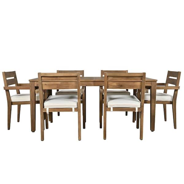 Unbranded 7-Piece Wood Outdoor Dining Set, Dining Table And Chairs Set with Beige Cushion For Patio Backyard Kitchen Dining Room