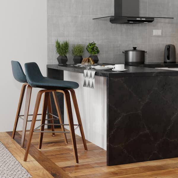 Randolph Mid Century Modern Bentwood Counter Height Stool (Set of 2) in Distressed Blue Vegan Faux Leather