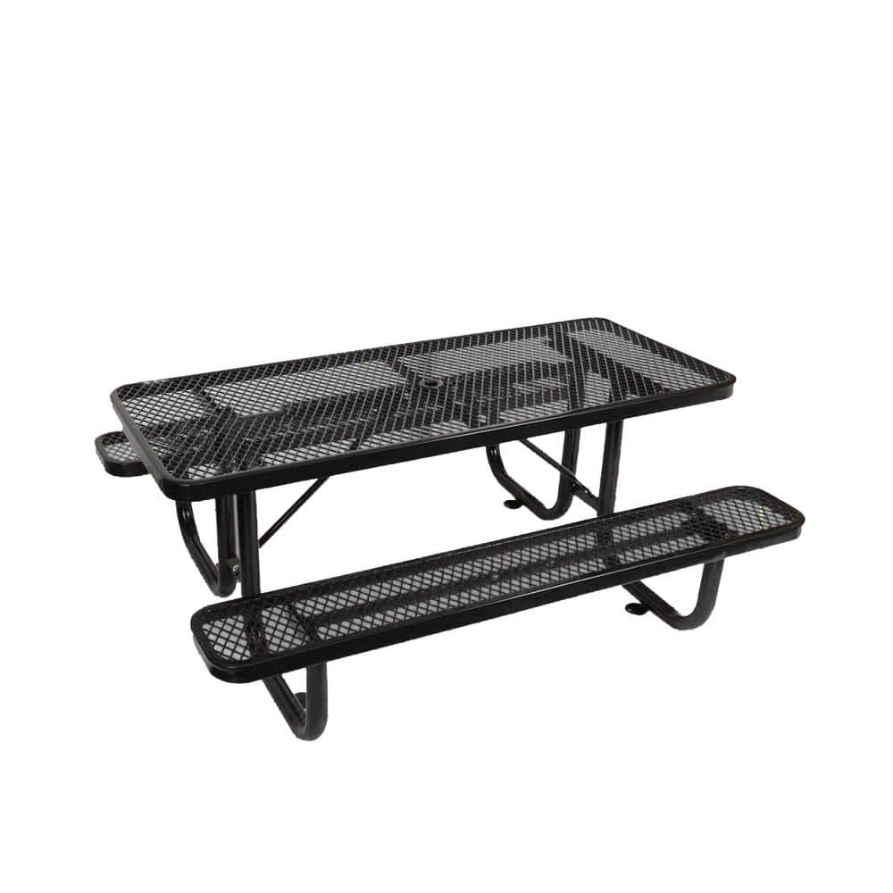 72.5 in. W Black Rectangular Carbon Steel Outdoor Picnic Tables with Umbrel