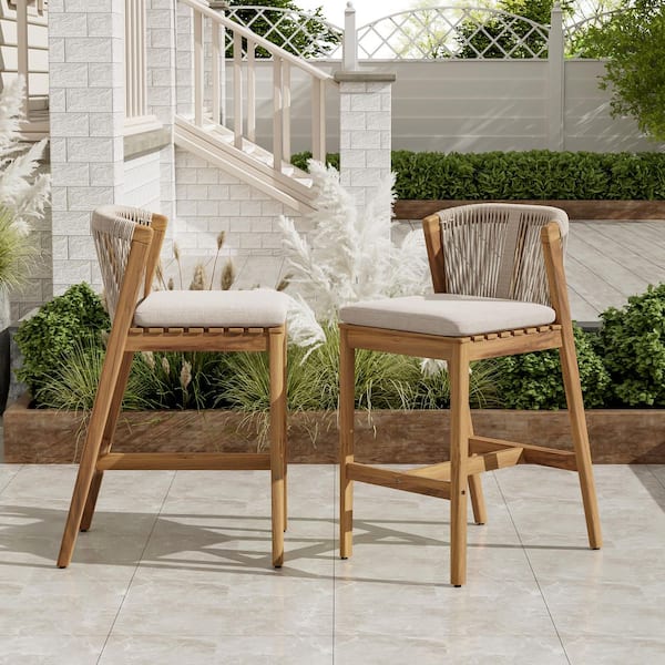 Luca Patio Teak Finish Acacia Wood and Beige Rope Outdoor Bar Stool Counter Stool with Beige Cushions, Footrest (2-Pack)