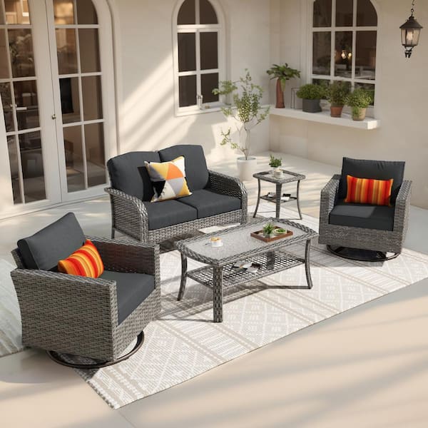 weaxty W Rocking Hyacinth Gray 4-Piece Wicker Patio Outdoor Conversation Seating Set with a Coffee Table and Black Cushions