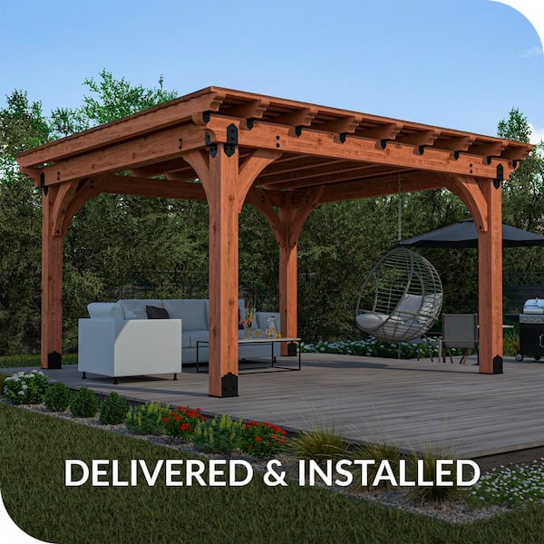 Pro Assembled Tuscan 12 ft. x 14 ft. Premium Timber Outdoor Patio Shade Pergola with 8 in. Solid Posts-Pro Staining