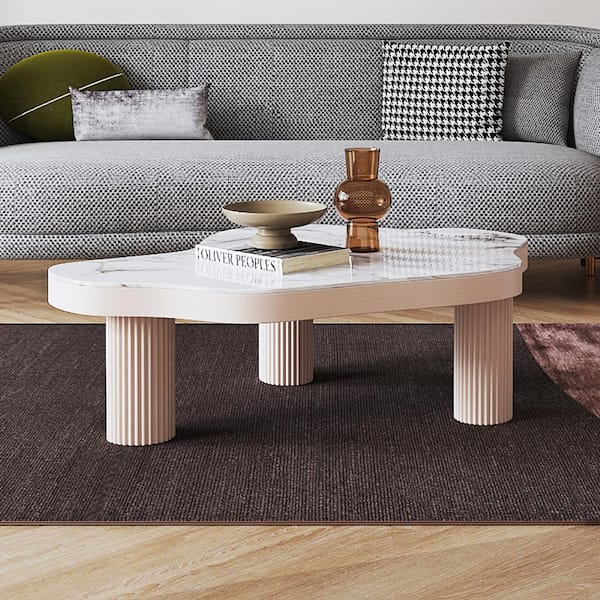 JASIWAY 47 in. White Specialty Faux Marble Top Coffee Table