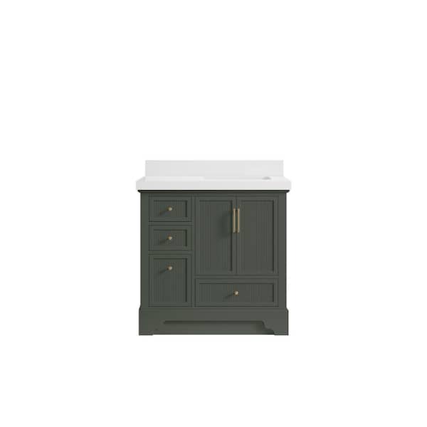 Willow Collections Alys 36 in. W x 22 in. D x 36 in. H Right Offset Sink Bath Vanity in Pewter Green with 2 in. White Qt. Top