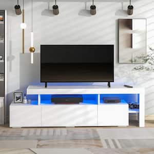 73.in White Wood TV Stand for up to 70 in.TV, LED TV Stand Cabinet with 16-Colored LED Lights and DVD Shelf
