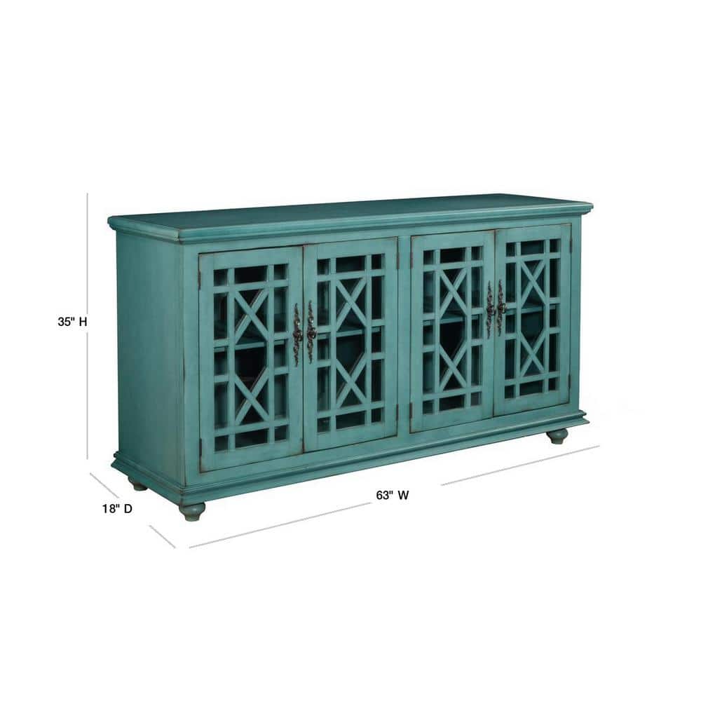 Teal 63" TV Stand with Glass Cabinet Doors