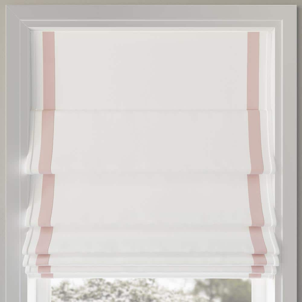 31"x64" Sun Zero 100% Blackout Hailey Ribbon Border Cordless Roman Window Shade Pink/White