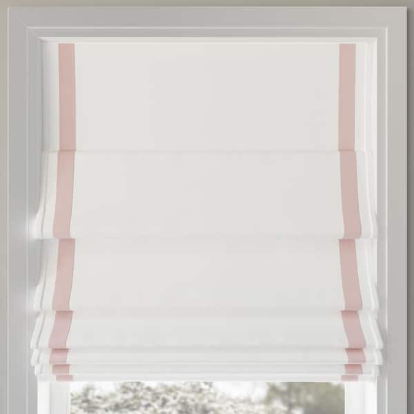 Sun Zero Hailey Cordless Pink/White 100% Blackout Pink Ribbon Border Fabric Roman Shade 31 in. W x 64 in. L