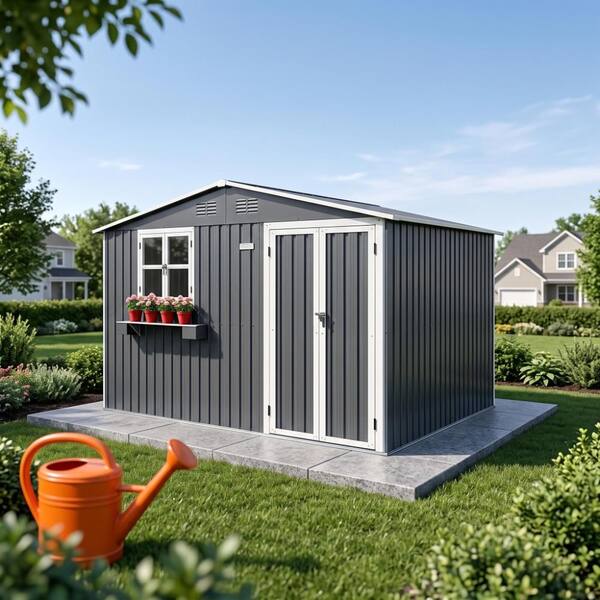 Grey 10 ft. x 8 ft. Weatherproof Metal Garden Storage Shed with